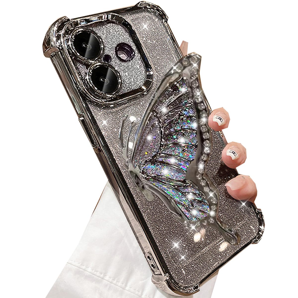 Changjia for iPhone 16 Plus Glitter 3D Butterfly CaseCute Bling Sparkle Liquid Flowing Diamond Foldable Butterfly Kickstand with Camera Lens Protector Women Girls Phone Case for iPhone 16 PlusSilver
